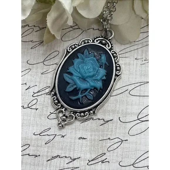 Cameo Necklace Turquoise Rose Wedding Jewelry Black Gothic Anniversary Easter - Picture 6 of 13